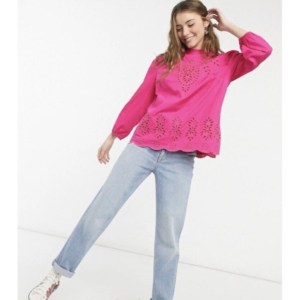 J Crew Lace Embroidered‎ Eyelet Blouse Sz Small Cotton Poplin Top NWT Hot Pink